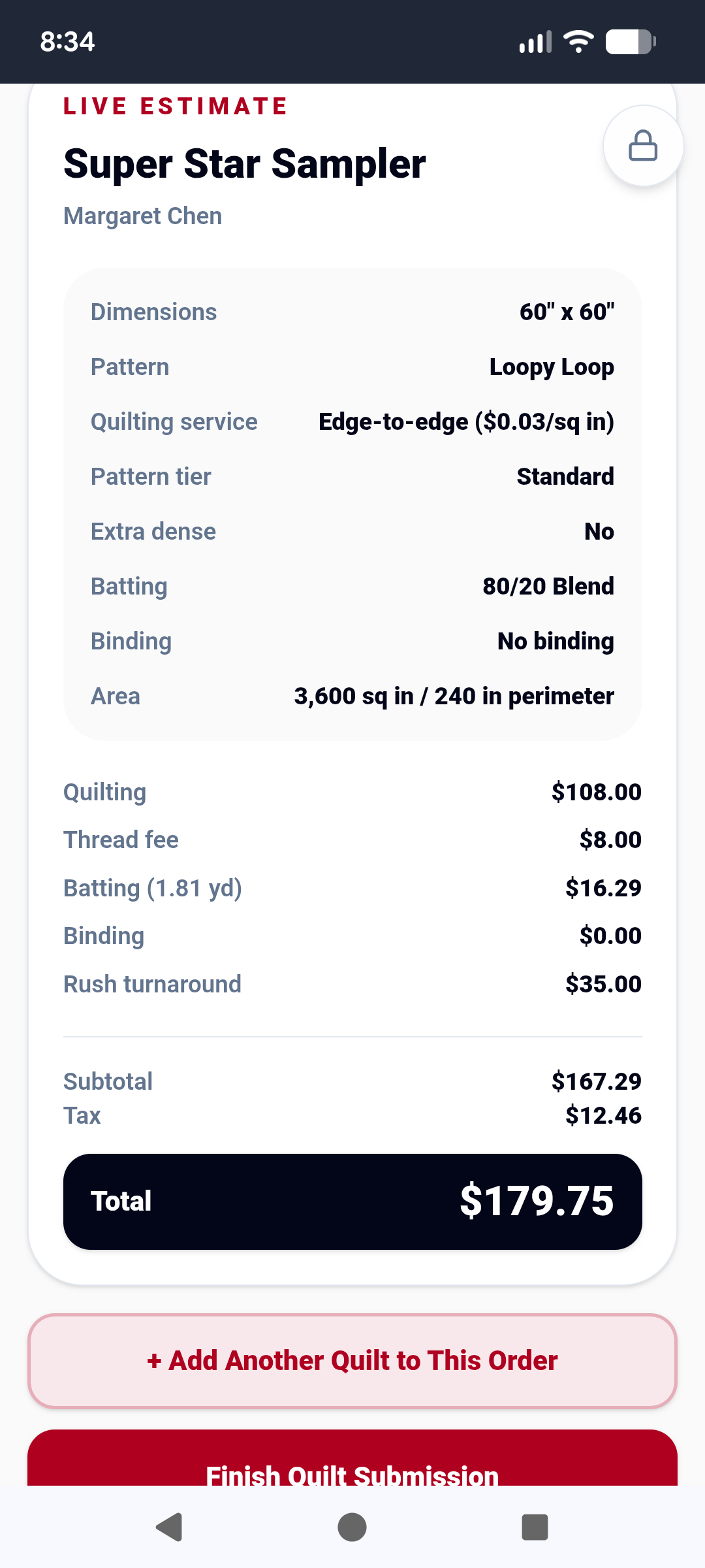 Live estimate screen with itemized quilting costs and total