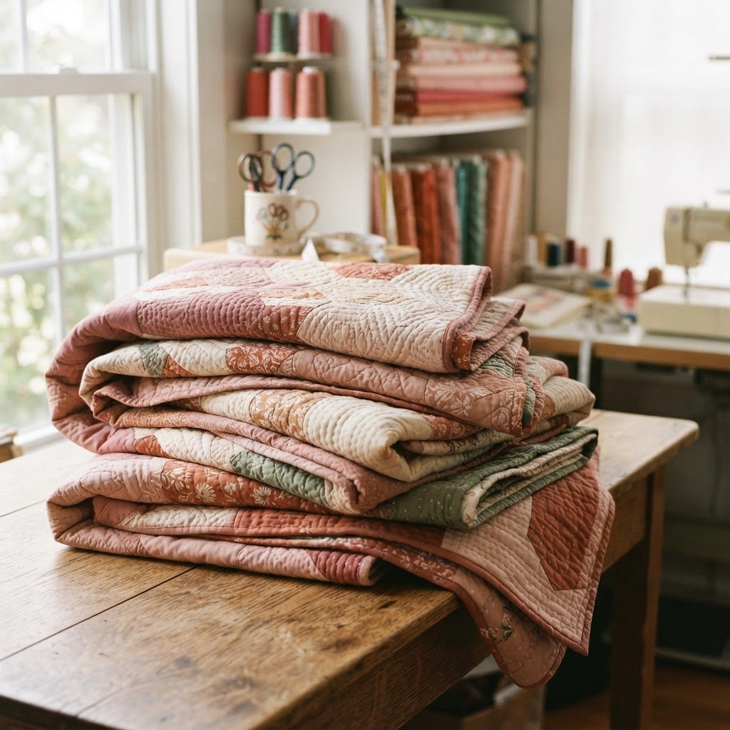 A warm stack of handmade patchwork quilts in dusty rose, sage, and cream fabrics in a bright quilting studio